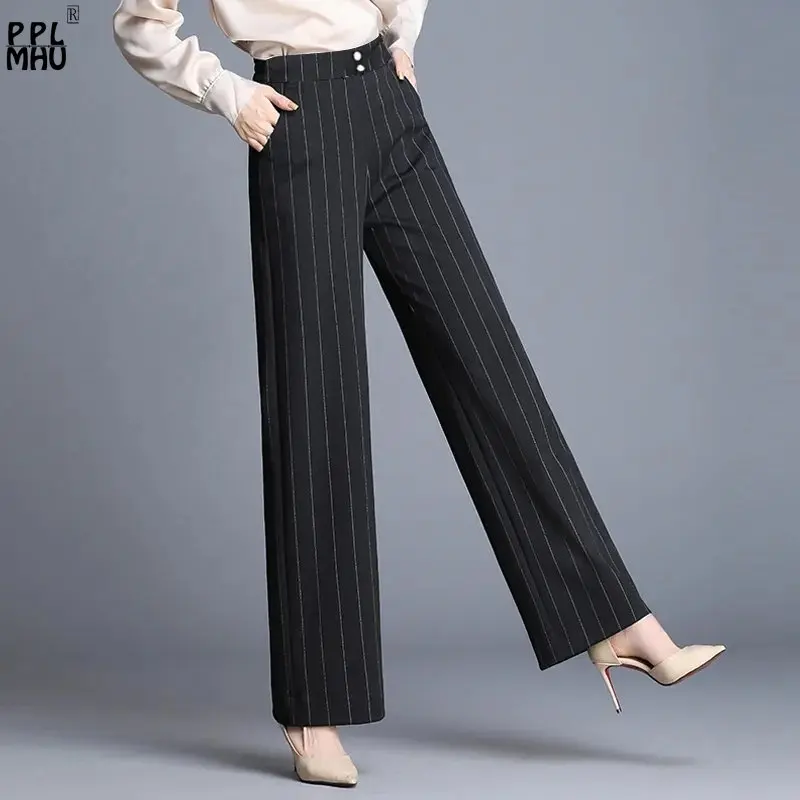 Fashion Elastic High Waist Women's Baggy Pants Mother Vintage Straight Work Trousers 94cm Office Lady Striped Wide Leg Pants