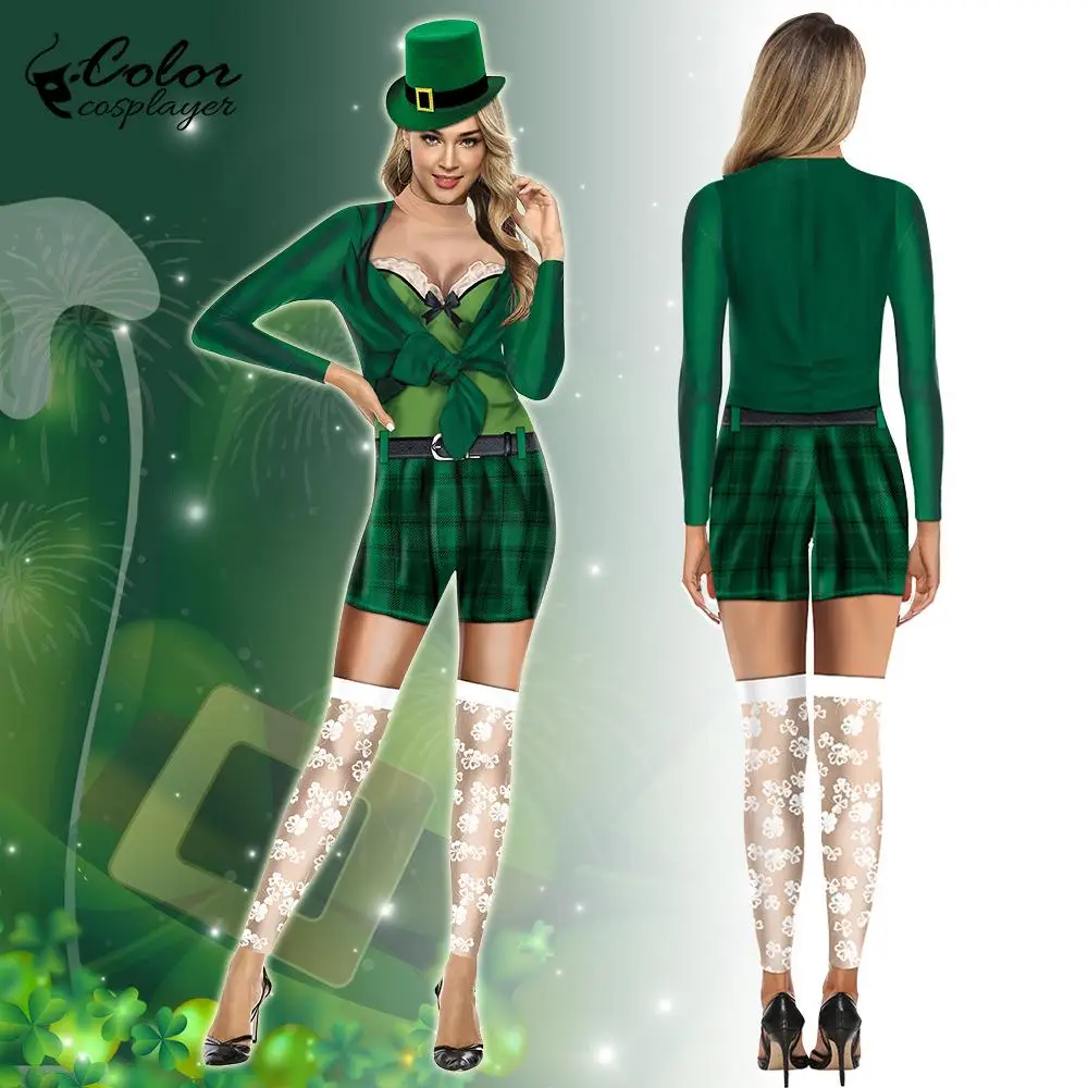 

Color Cosplayer Fashion Women Bodysuit Saint Patrick's Day Cosplay Costume Clothing Sexy Long Sleeve Elastic Catsuit Jumpsuits