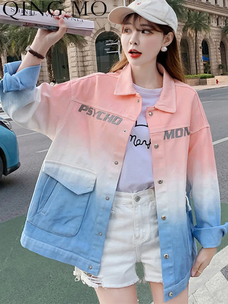

QING MO Women Printing Age Reduction Denim Coat Loose Wild Single-breasted Long Sleeves Gradient Coat 2023 Autumn LHX1047A