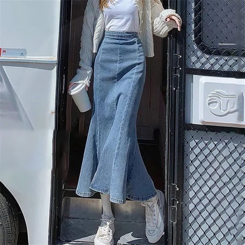 Юбка-годе женская джинсовая средней длины с разрезом винтажная Повседневная