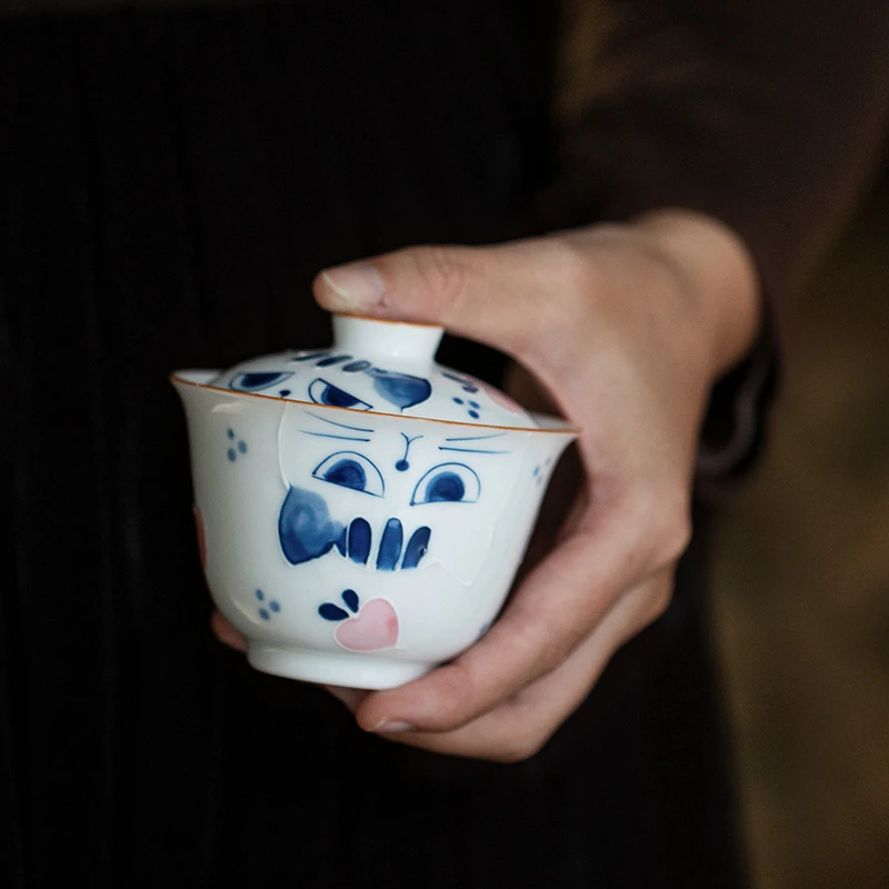 

100ml Hand Painted Gaiwan For Tea 3Style Small Porcelain Tureen With Lid Cat Teaware Kung Fu Tea Set Cute Cup Peach Bowls Chawan
