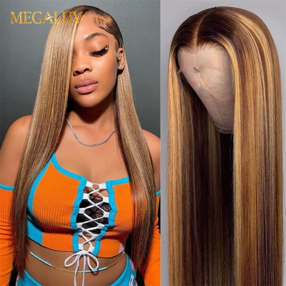 13x4 Highlight Wig Straight Lace Front Wig Human Hair Wigs Honey Blonde Ombre Color Brazilian Hair Preplucked Lace Closure Wig