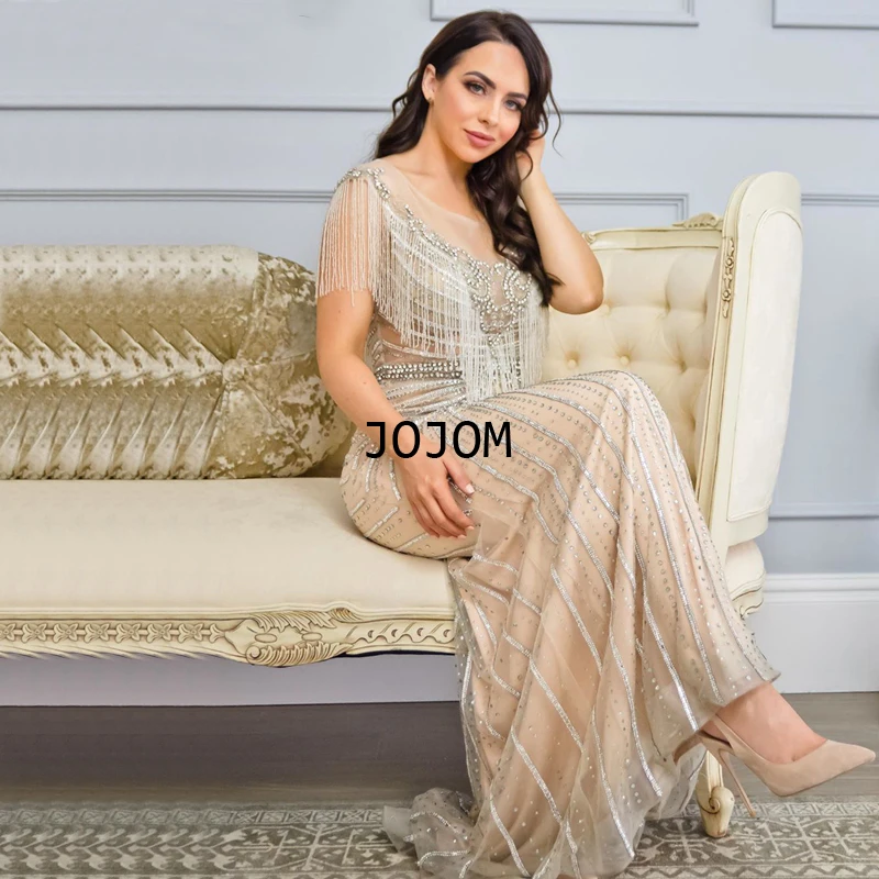 

Luxury Beading Tassel Evening Dresses 2022 Off Shoulder Latest Design Silver Mermaid Evening Gowns Factors Apto Mujer Invitada