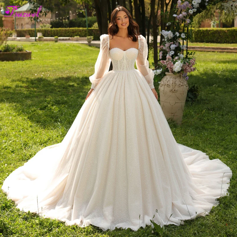 

Fsuzwel Charming Strapless Zipper Ball Gown Wedding Dress 2023 Luxury Beading Long Sleeve Lace Court Train Princess Bridal Gown