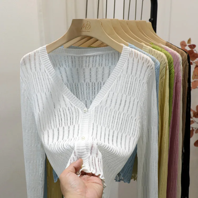 Женский трикотажный кардиган с V-образным вырезом и ледяным шелком