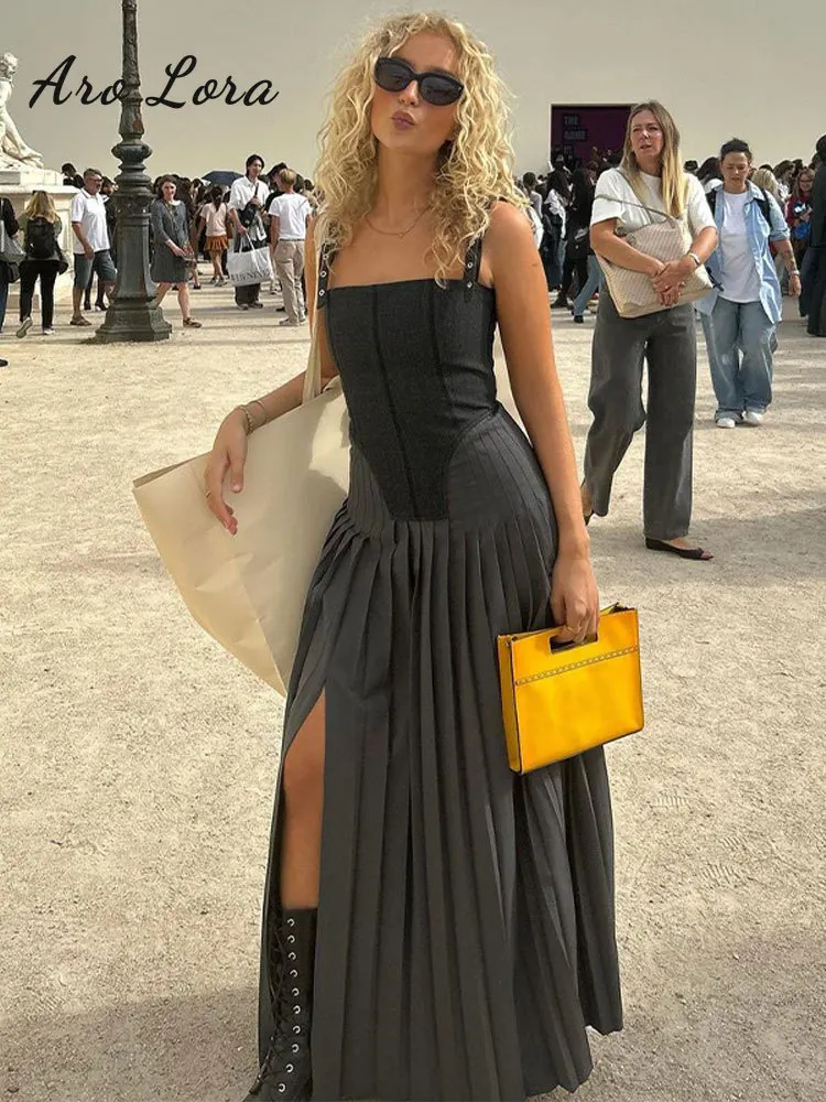 

Solid Spaghetti Strap Dress For Women Fashion Vintage Grey Patchwork Women's Long Dress 2023 Sexy Female Evening Robes Vestidos