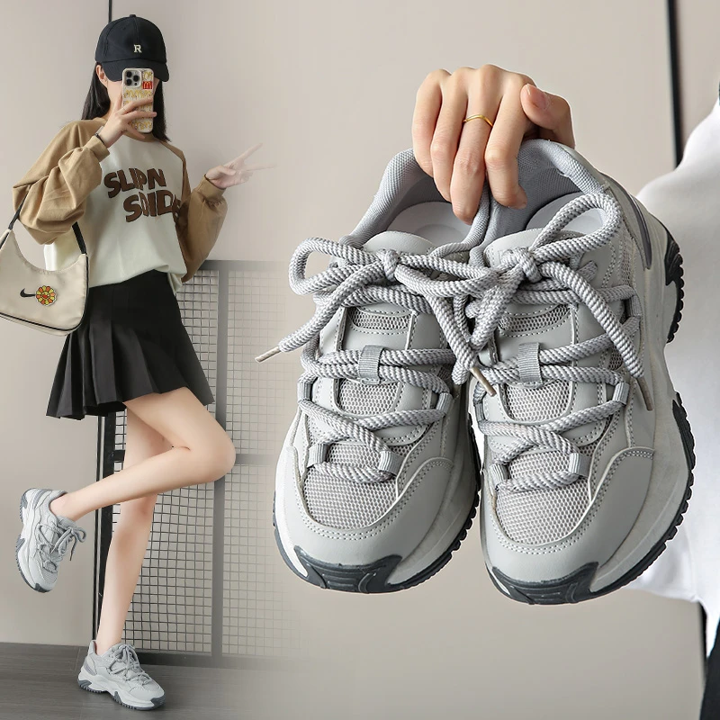 

Fashion Genuine Leather Chunky Sneakers Current 2023 Mesh Female Summer Women Vulcanize Comfy Casual Lace Up Ladies Shoes