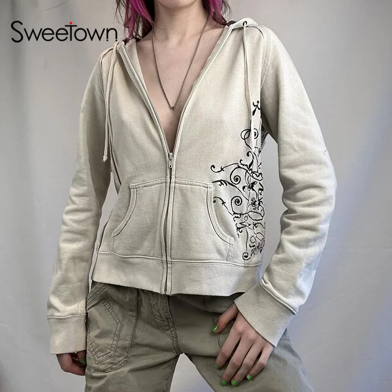 

Sweetown Vintage Floral Print Casual Zip-Up Straight Jackets For Women Pockets Stitch Long Sleeve Preppy Hooded Sweatshirts