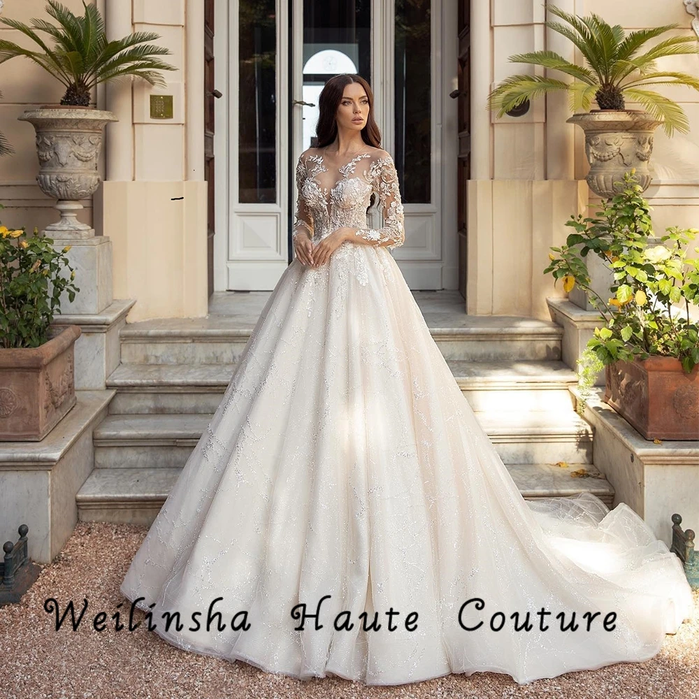 

Weilinsha Ivory Charming Full Sleeve Ball Gowns Lace Applique Sweep Train Bridal Gowns for Marriage 2022 New Organza Robe De