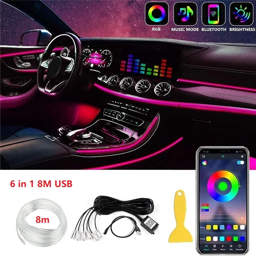 

Автомобильная лампа, интерьерная атмосфера, универсальное освещение RGB, внешнее освещение, оптическое волокно, управление музыкой через приложение, автомобильная декоративная неоновая лампа