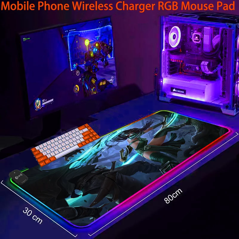 

Коврик для клавиатуры, телефона, беспроводной зарядный коврик для мыши RGB, светодиодный игровой коврик Akali LOL, Противоскользящий коврик для н...