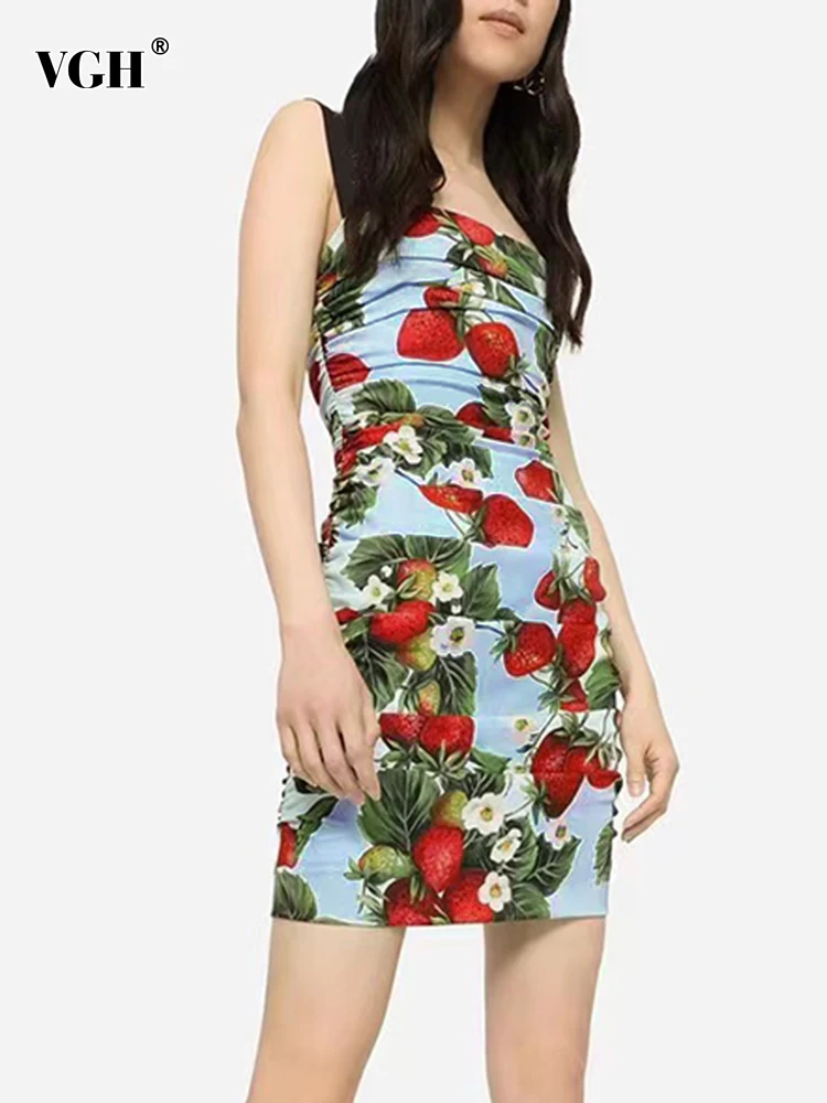 

VGH Fruit Printing Dresses For Women Square Collar Sleeveless High Wasit Folds Hit Color Slim Mini Dress Female Summer Clothing