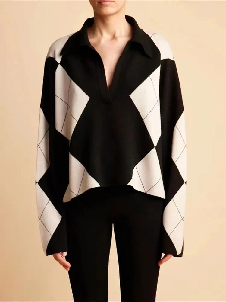 

Women Sweater Plaid Knitted Long Sleeve Pullover Casual Tops