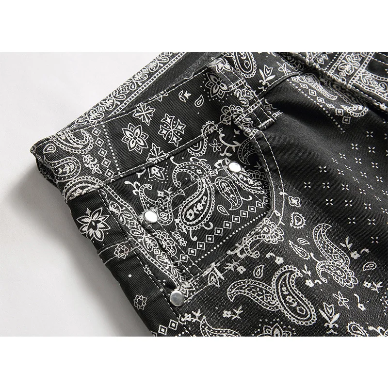 Mens Jeans Streetwear Men Fashion Elastic 3D Printed Cashew Small Straight Pants Full Length Denim Trousers