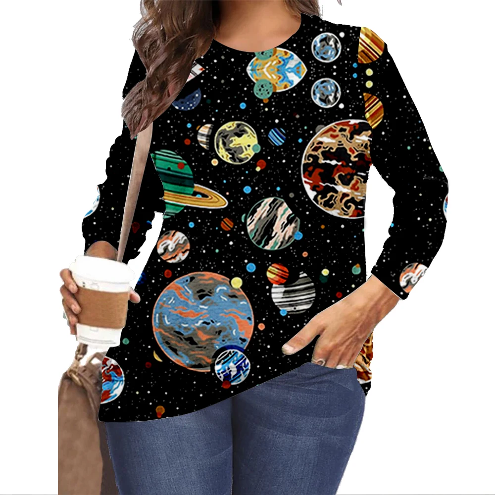 

Spring Women Casual Fashion Pullover Autumn Vintage Planet Printing Lady T-shirts O-Neck Long Sleeve Tops Blouses