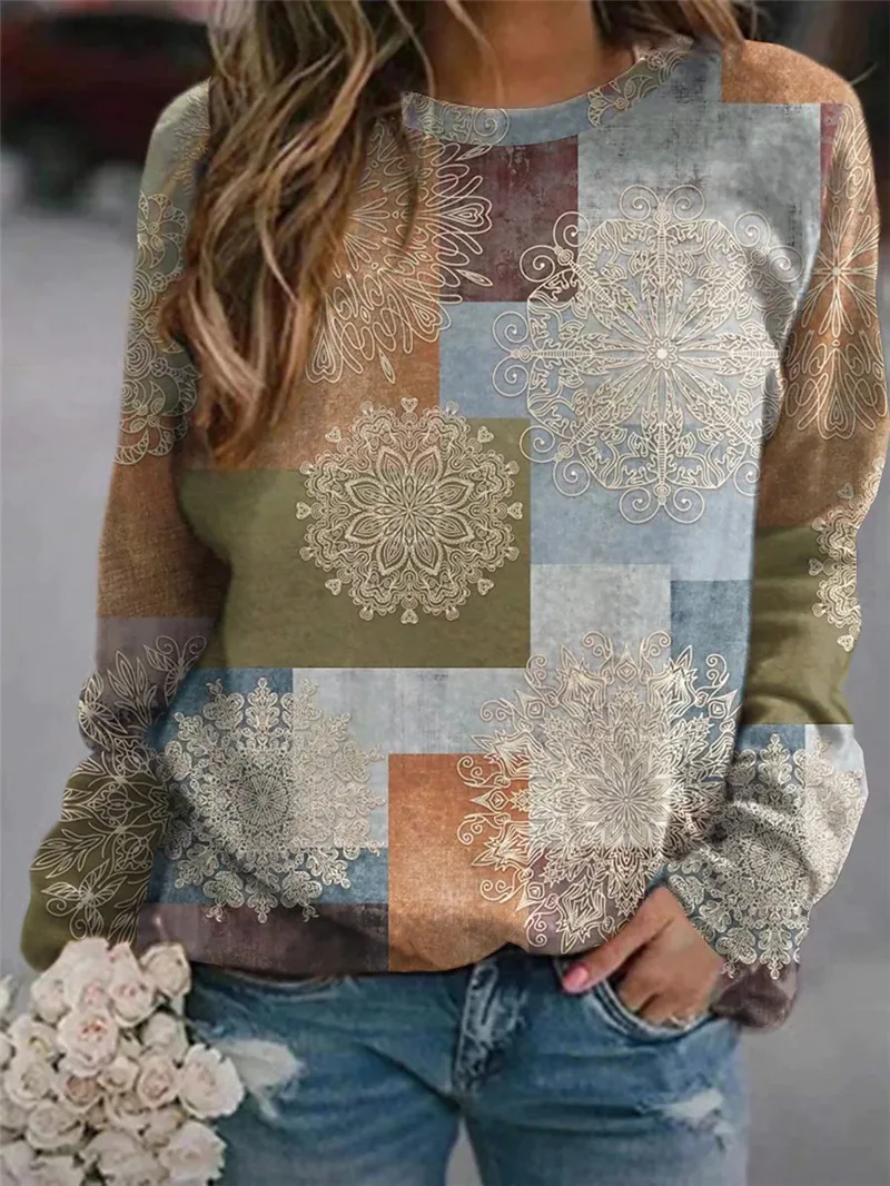 Autumn 2022 Fashion Plaid Patchwork Pullovers Tops Women Vintage Flower Print Sweatshirts Winter Female Casual Loose T-Shirts