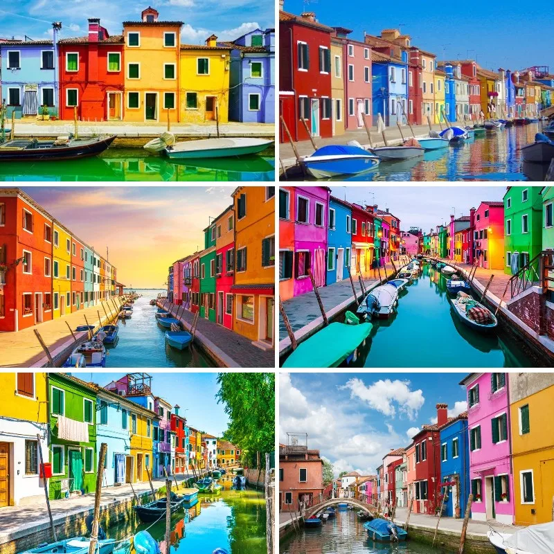 

Diamond Embroidery Northern Italy River Cruise & Venice,Colorful Houses and Boats Landscape DIY 5D Diamond Painting Decoration