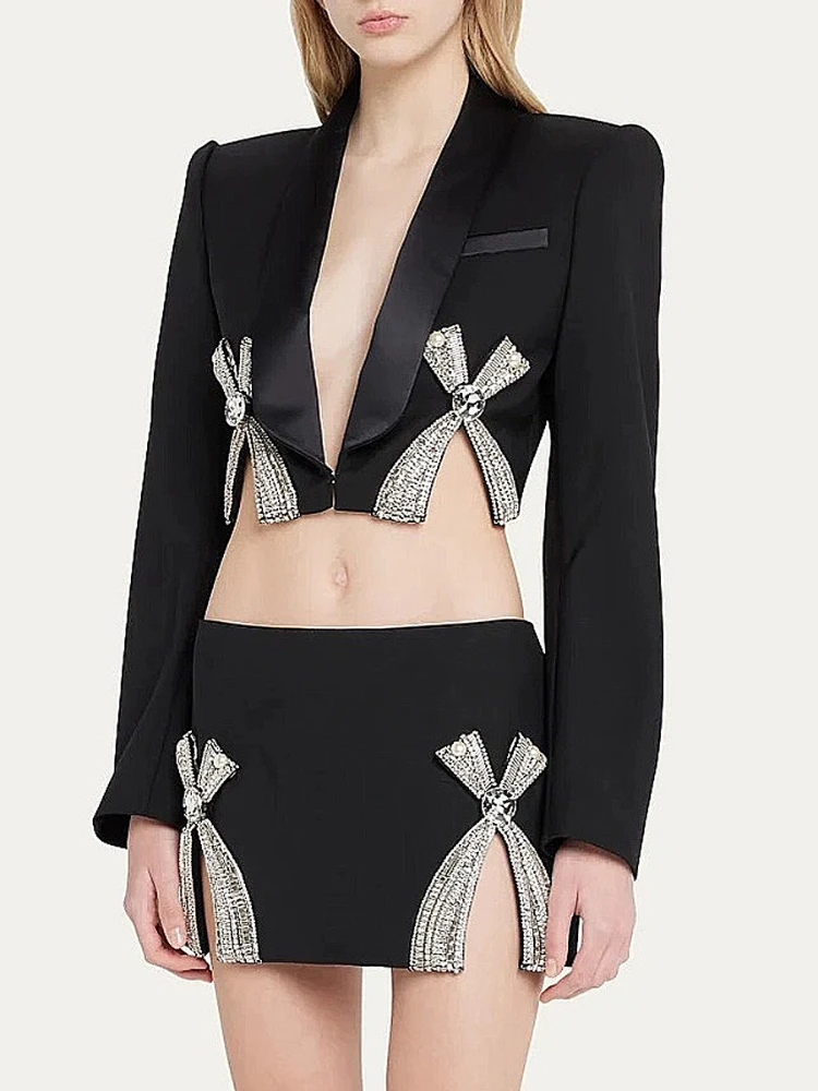 

Новинка 2023, Модный женский топ черного цвета с длинным рукавом и бриллиантами, модная юбка, комплект для празднования в стиле High Street, Женский комплект из двух предметов