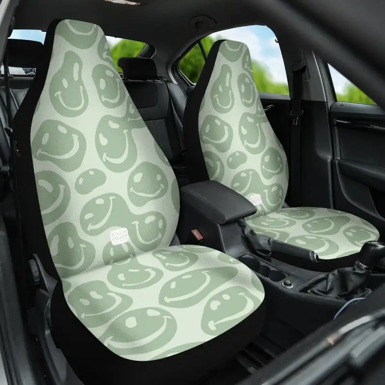 

Sage Green Car Seat Covers for Women for Vehicle Set of 2 | Cute y2k Retro Smiley Face Print