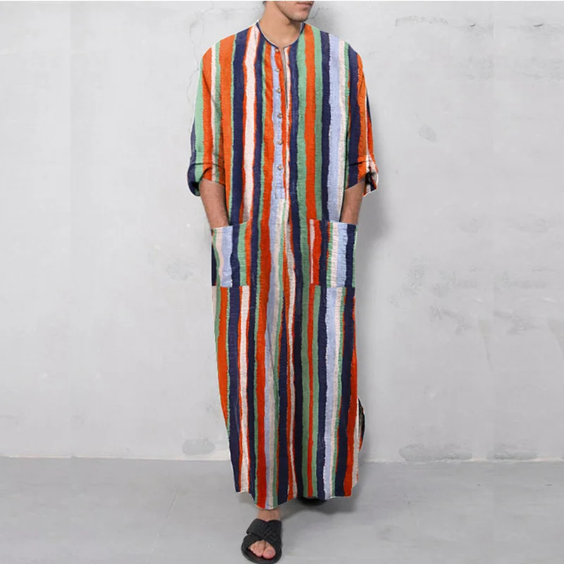 Muslim Southeast Asia's New Men's Loose Stand-up Collar Striped Long-sleeved Robe Ethnic Style Middle East Robe Arabic Abaya