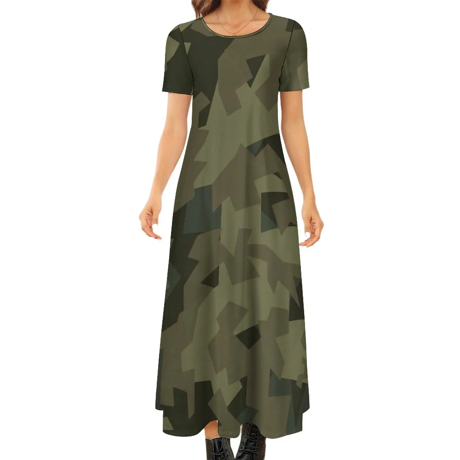 

Military Camo Dress Green Camouflage Army Modern Maxi Dress Woman Short Sleeve Funny Boho Beach Long Dresses Big Size 6XL 7XL