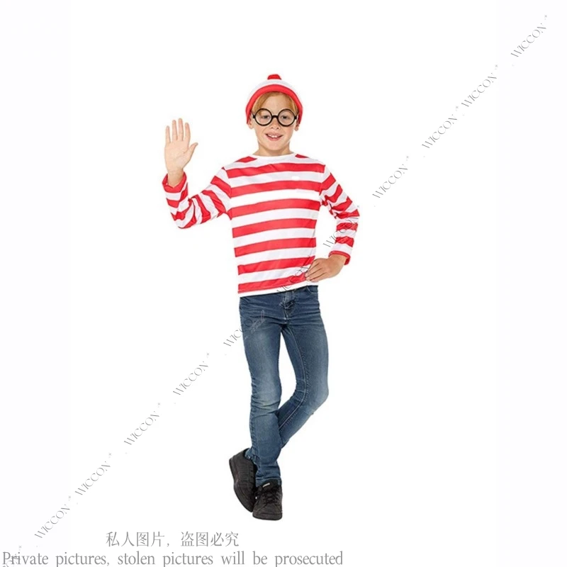 Уолдо Уолли Детский Косплей Костюм Фанарт Топы Очки Шляпа Женщина Мужчина