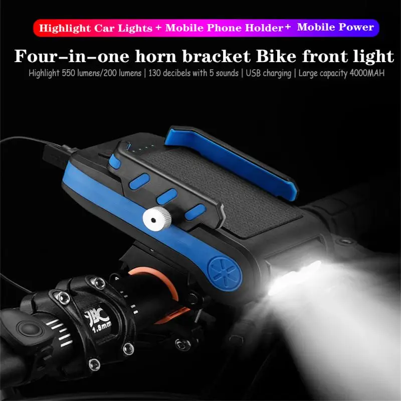 

Multi-Function 4 In 1 Bicycle Light Flashlight Bike Horn Alarm Bell With Power Bank Front Light Phone Stand Holder Accessories.