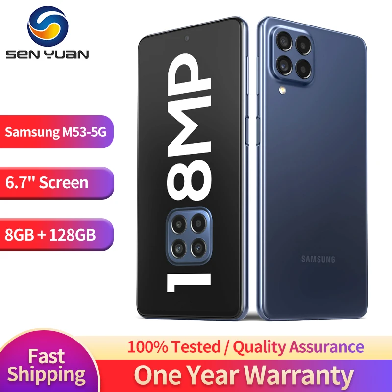 

Original Samsung Galaxy M53 M536S 5G Mobile Phone NFC 6.7'' 8GB RAM 128GB ROM 108MP+32MP 4K@30fps Octa-Core Android CellPhone