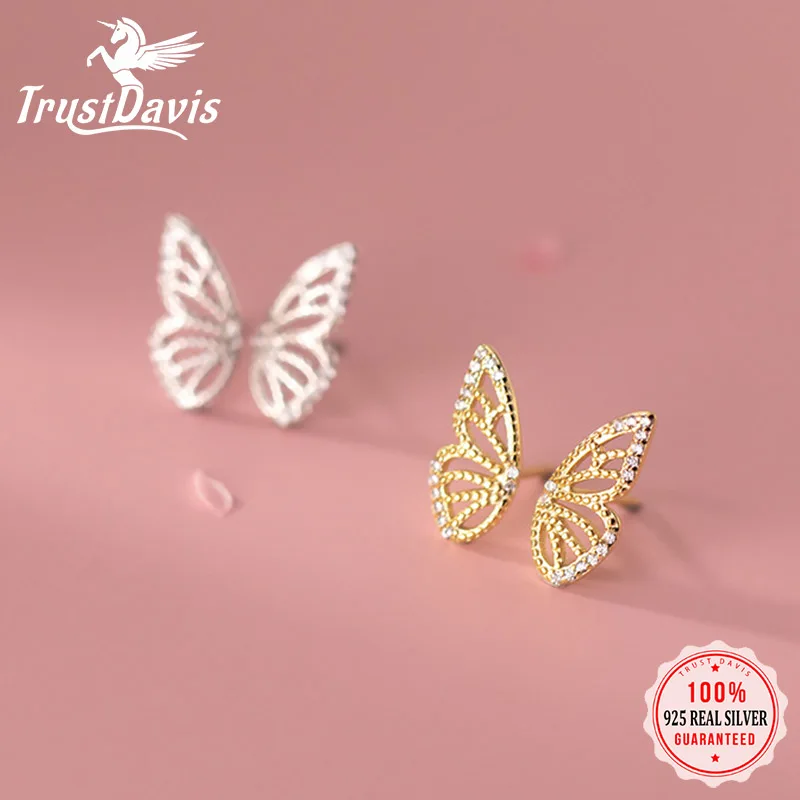 

TrustDavis Real 925 Sterling Silver Fashion Insect Butterfly Shiny CZ Stud Earrings For Women Wedding Party Fine Jewelry DA2713