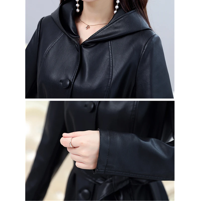 Real Leather Coat Women's Plus Size Casual Long Slim Hooded 2022 Autumn Fashion Sheep Leather Women Windbreaker Jacket Female