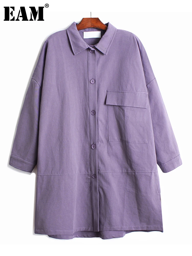 

[EAM] Women Black Big Size Pocket Pleated Blouse New Lapel Long Sleeve Loose Fit Shirt Fashion Tide Spring Autumn 2022 1DD8222