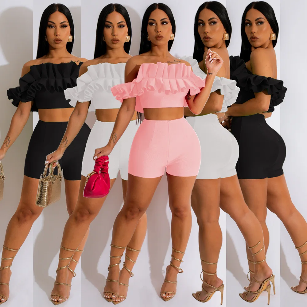 

European and American women's fashion casual solid color pleated bra zipper sexy slim two-piece set