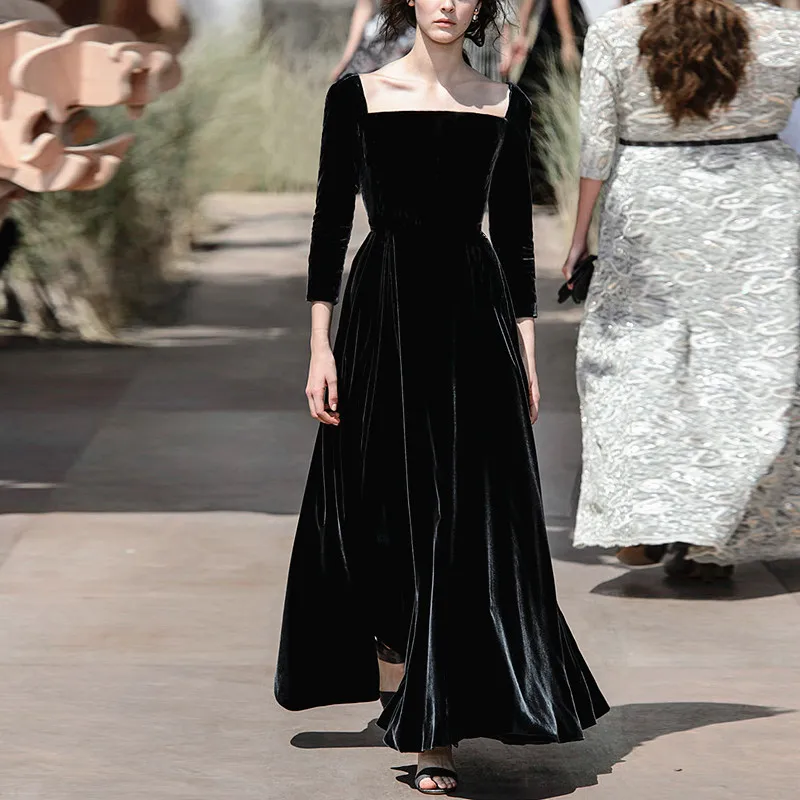 Элегантное винтажное платье макси в английском стиле бархатное вечернее с