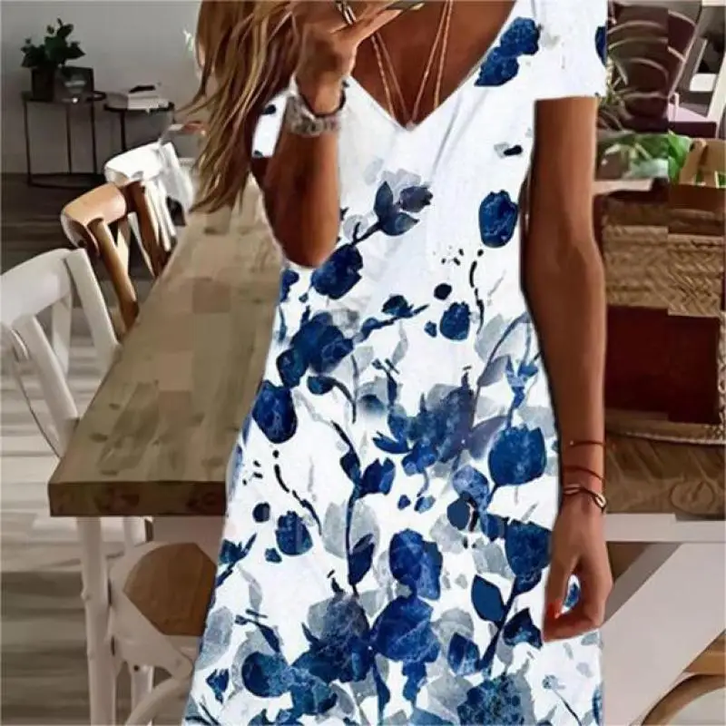 

2022 Summer Women Dress V-neck Short Sleeve Floral Lace Ladies Dress Loose Waist Long Dress Elegant Vintage Beach Party Dresses
