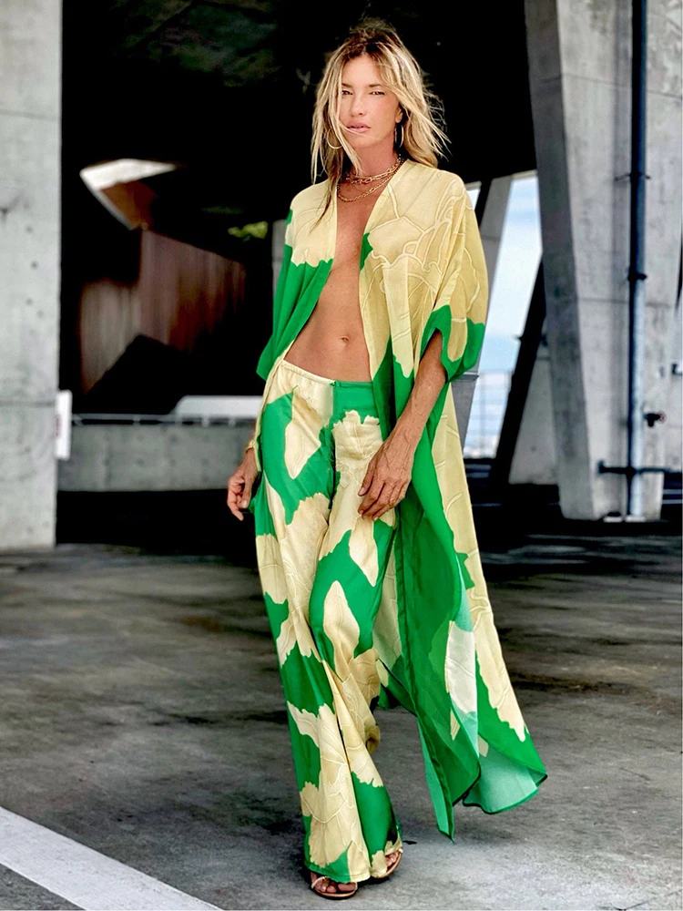 2022 Cover-ups Beach Kimono Green Print Floral Chiffon Boho Tunic for Beach Swimsuit Cover Up Kaftan Over Size Beachwear Pareo