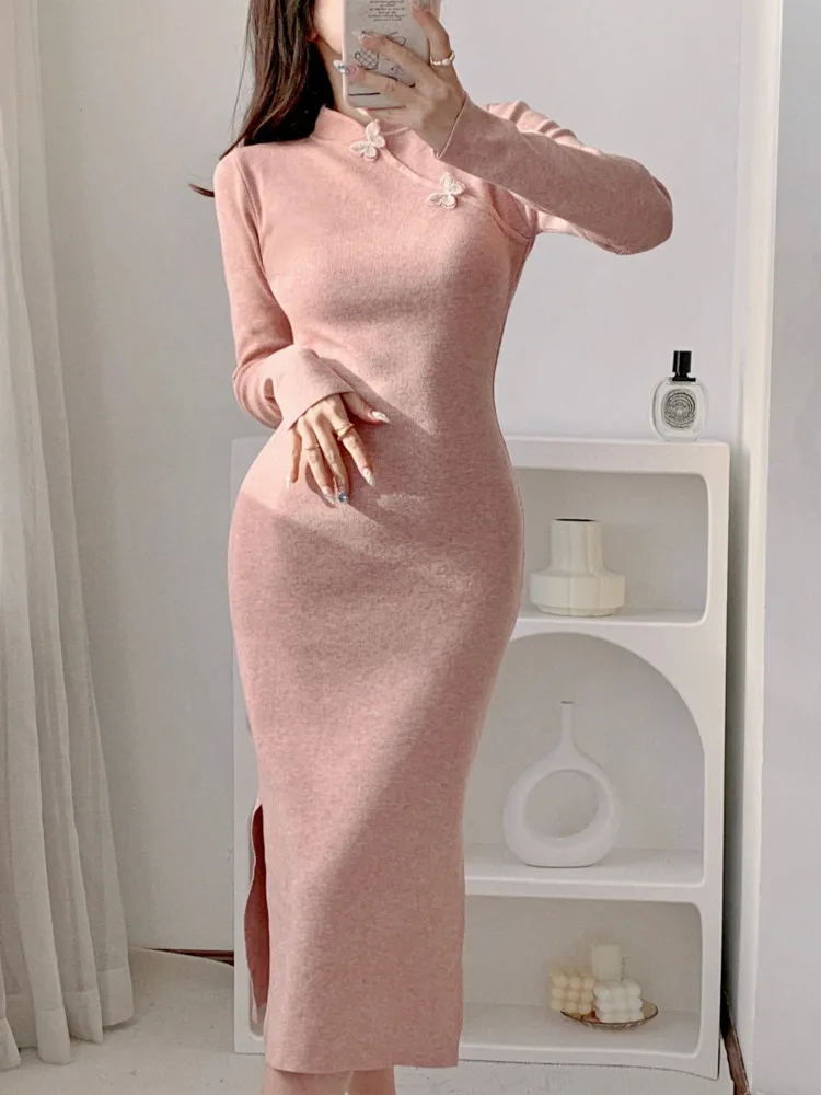 

WOMENGAGA New Chinese Pink Cheongsam OL Elegant Tight Skinny Slim Split Sweater Dress Knitting Purple Fashion Sweet Korean OIK4