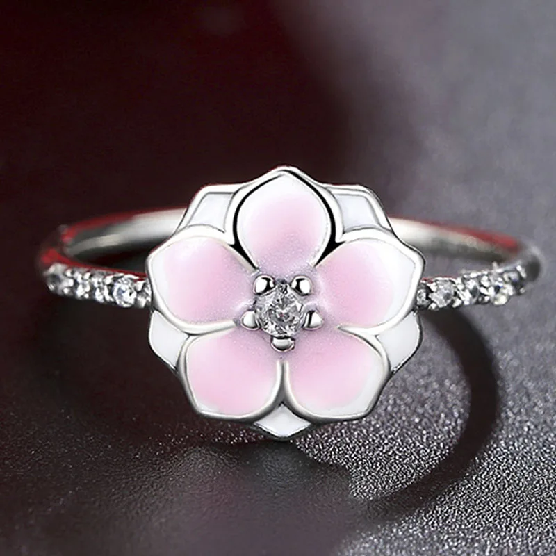 

Milangirl Simple Women's Ring Beautiful Pink Flower Floral Inlaid Crystal Rhinestone Zircon Silver Color Ring for Party Jewelry