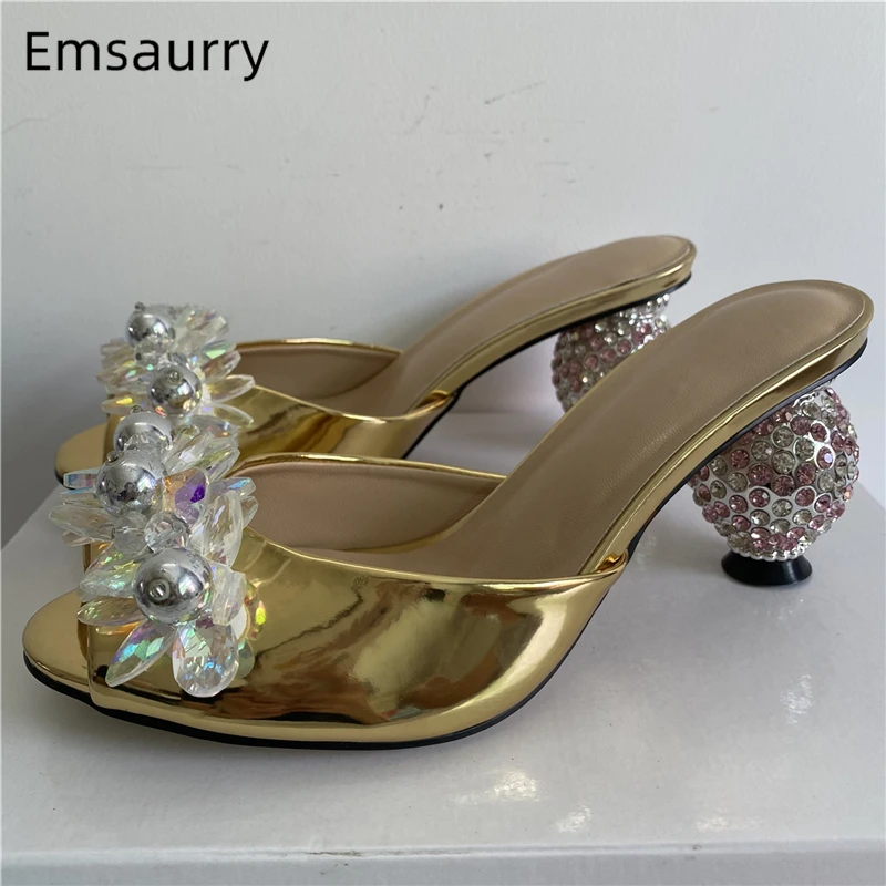 

Luxury Rhinestone Butterfly-Knot Mules For Girls Diamond Spherical Heel Beaded Flower Slingbacks Patent Leather Sandals Women