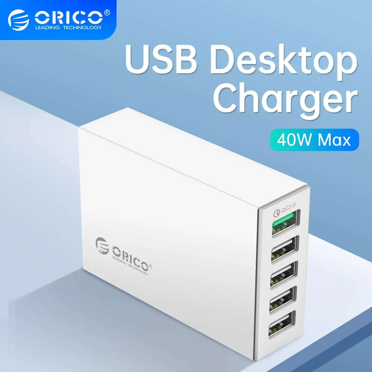 ORICO 5 Ports QC2.0 USB Fast Charger USB Desktop Charger 40W Max Charging Station for iPhone Samsung Xiaomi Cell Phone Tablet