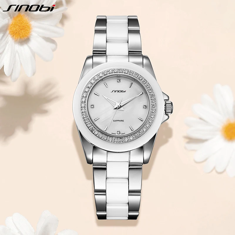 SINOBI High-quality Ceramic Woman's Watch Original Design Diamond Ladies Quartz Wristwatches Fashion Top Luxury Women's Clcok