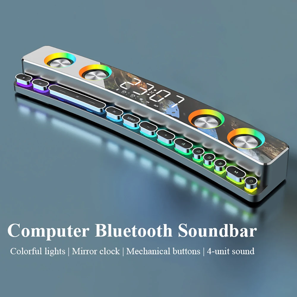 3D Stereo Computer Bluetooth Soundbar Wireless Game Speaker AUX FM Home Clock Subwoofer Indoor Sound Bar Computer Loudspeaker