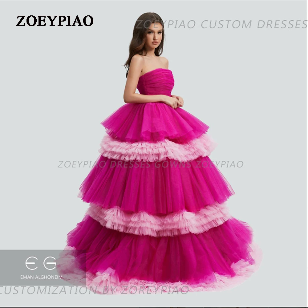 

New Arrival Strapless Detachable Sleeveless Tiered Tulle A-Line Evening Dresses Fuschia/Pink Custom Prom Gowns Robe De Soiree