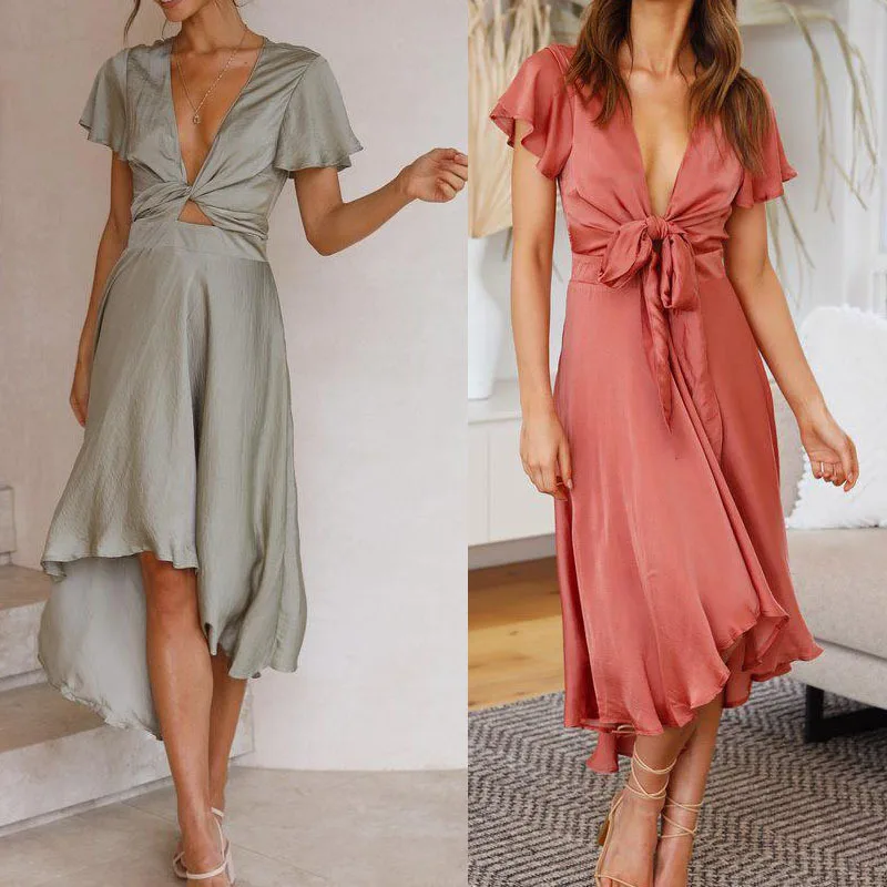 

2022 Summer Green Dress Irregularly for Women Elegant V Neck Short Sleeve Dress Korean High Waist Long Dresses