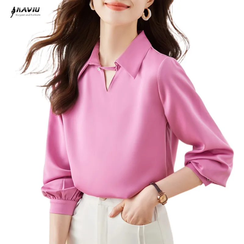 

NAVIU High End Pink Shirt Women New 2023 Autumn Fashion Temperament V Neck Formal Blouses Office Ladies Work Tops White