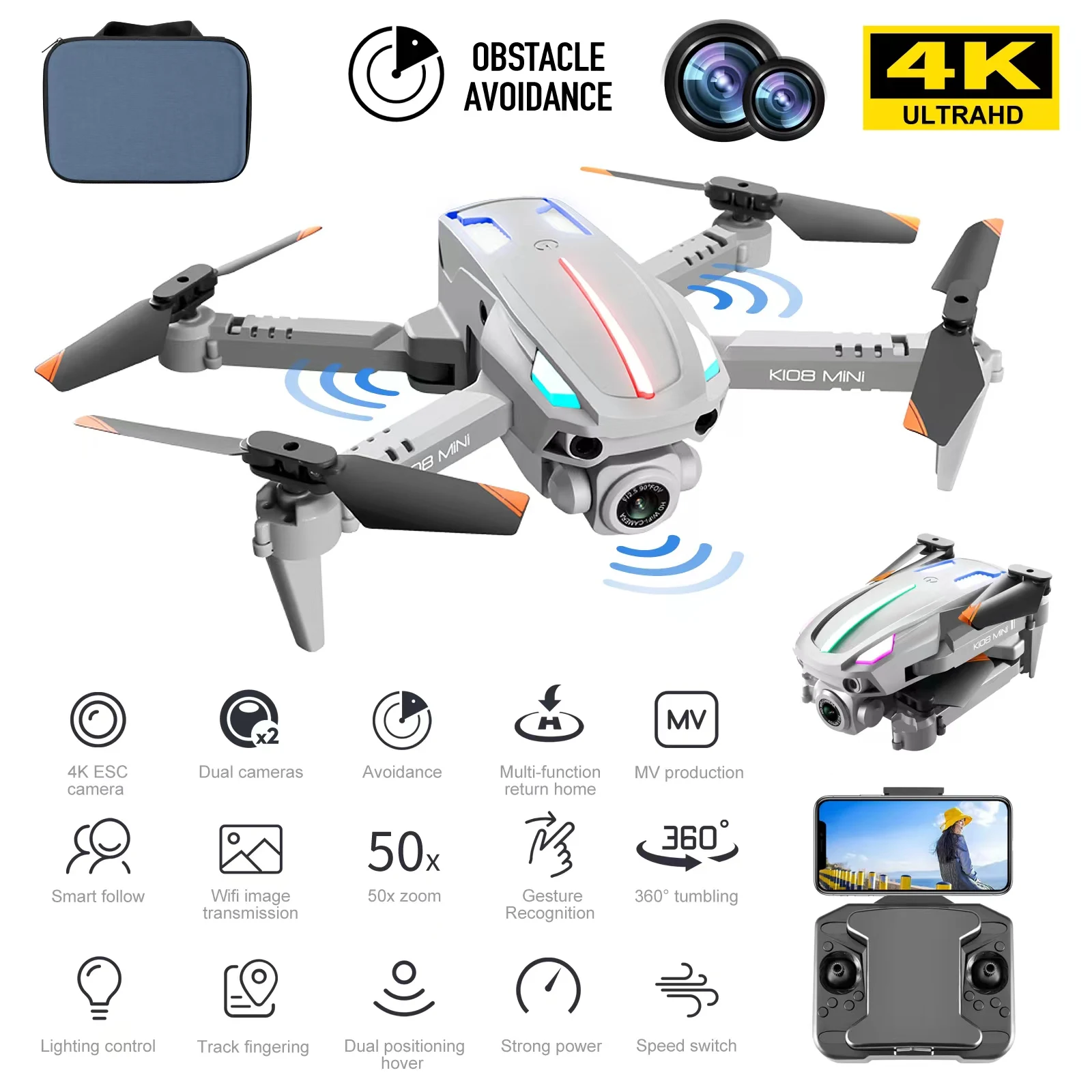 

New Drone 4K Double Camera HD K108 WIFI FPV Obstacle Avoidance Drone Optical Flow Me 4-axis Aircraft RC Helicopter With Camera