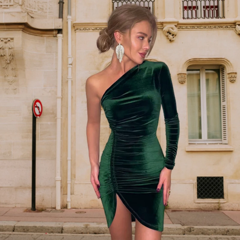 New Solid Long Sleeve One Shoulder Ruched Slit Velvet Midi Dress Sexy Party Club Elegant Bodycon Dresses Femme Robe Longue