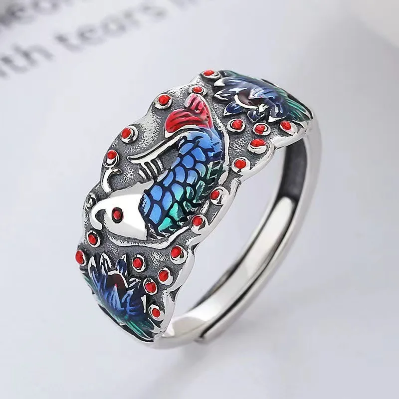 

Koi Jumping Ring Vintage Glue Drop Colored Glaze Ethnic Style Opening Girl's Ring China-Chic New Year Gift