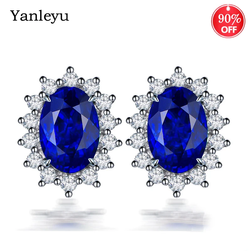 

Yanleyu Luxury Lab Synthetic Sapphire Stud Earrings for Women 925 Silver Color Red Green Zircon Wedding Jewelry Gifts