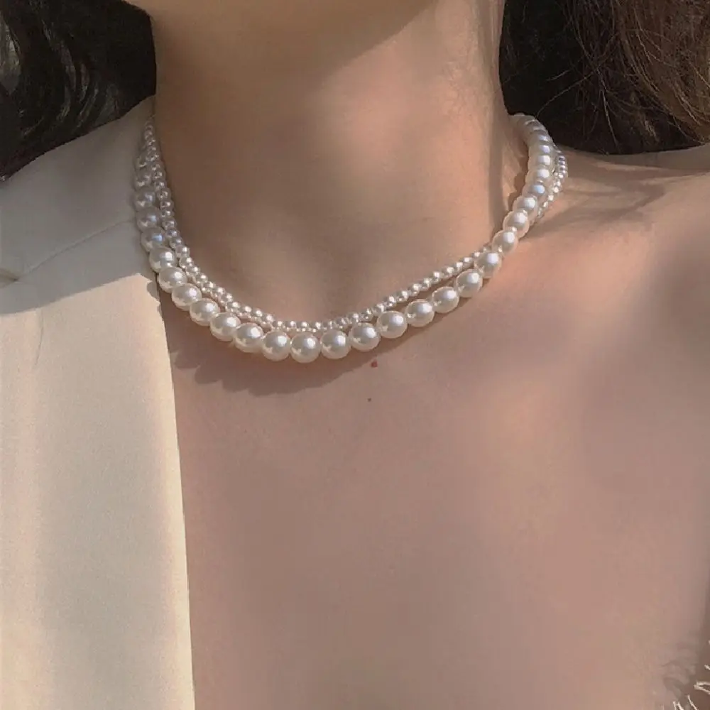 

Vintage Trendy Gift Party Double Layer Temperament Women Necklace Korean Neck Jewelry Pearl Clavicle Chain Choker