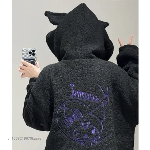 Sanrio Cartoon Kuromi Clothes Women Black Embroidery Hoodies Y2k Aesthetic Tops Autumn Thin Coat Female Fashion Loose Sweatshirt
